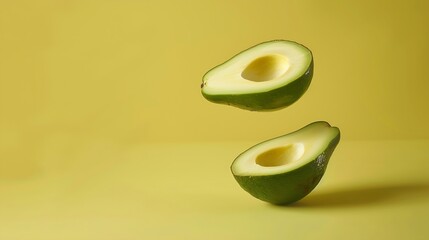Poster - Creative layout with ripe flying avocado halves on yellow background Healthy food diet tropical exotic fruit trendy food product Minimalistic summer food concept Organic avocado Pop ar : Generative AI