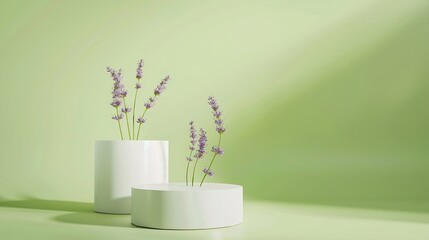 Against green background two white podiums displayed with few lavender flowers Stage showcase on minimal podium to show cosmetic product extracted from Lavender Lavandula : Generative AI