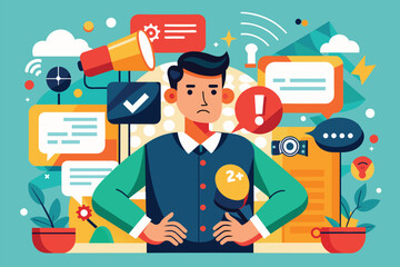 Poster - A man is inspecting something closely with a magnifying glass in his hands, Miscommunication Customizable Disproportionate Illustration