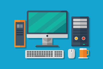 Poster - A modern desktop computer is positioned on top of a desk, Modern desktop computer Customizable Semi Flat Illustration