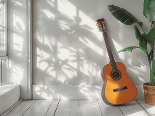 A classical guitar leans against a white wall