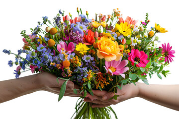 flower bouquet in hand on isolated transparent background