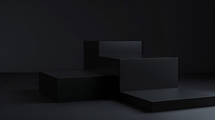 Three black square stands of different heights on black background Platforms for presentation of products and cosmetics Concept of the beauty industry 3d podium made of geometric shape : Generative AI