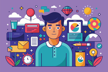 Poster - A man wearing a blue shirt stands amidst a variety of icons, No data Customizable Disproportionate Illustration