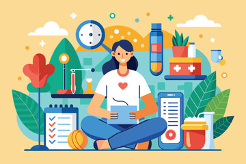 Poster - A woman seated on the floor using a tablet device, Occupational therapy Customizable Semi Flat Illustration