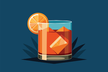 A glass filled with orange juice and garnished with a fresh slice of orange on the rim, Old fashioned cocktail Customizable Semi Flat Illustration