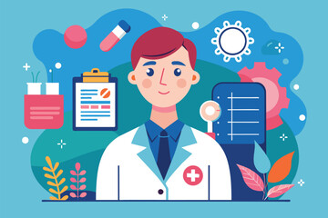Poster - A man in a lab coat stands holding a clipboard, possibly conducting research or documenting findings, Oncology patient Customizable Semi Flat Illustration