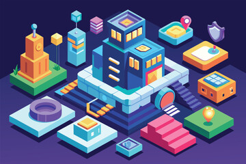 Poster - Various types of objects scattered on a vibrant purple background, Oversight Customizable Isometric Illustration