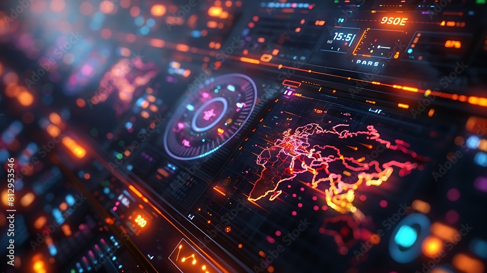 Telecommunications Traffic Hyperrealistic view of a telecommunications network monitor displaying ...