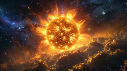 a large orange sun is surrounded by clouds in a space filled with stars