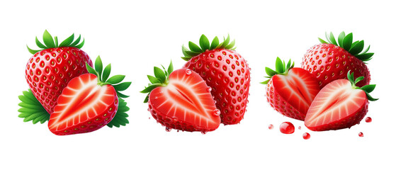 Fresh red strawberry with leaves isolated on transparent