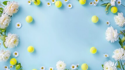 Wall Mural - Tennis ball and pretty flowers, blue banner background with copy space, copy space, space for text, Generative AI,テニスボールと可愛い花、コピー スペースのある青のバナーの背景,コピースペース,テキスト用スペース,Generative AI,
