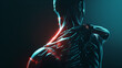 Person suffering from shoulder pain. Joint problems and arthritis on a dark background. Health and medical concept.