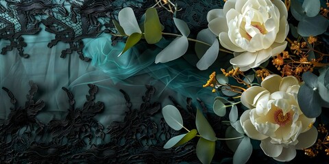 Canvas Print - Elegant magnolias and golden eucalyptus against black lace backdrop Fashion event. Concept Fashion Event, Floral Decor, Elegant Styling, Black Lace Backdrop, Magnolias and Eucalyptus