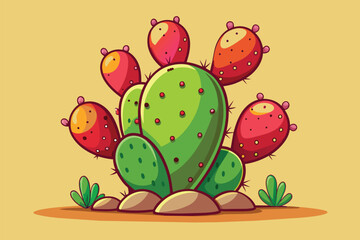 Canvas Print - A prickly pear cactus with vibrant red flowers against a bright yellow backdrop, Prickly pear cactus Customizable Cartoon Illustration