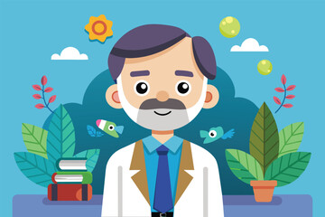 Sticker - A man with a beard is wearing a lab coat, Psychologist Customizable Cartoon Illustration