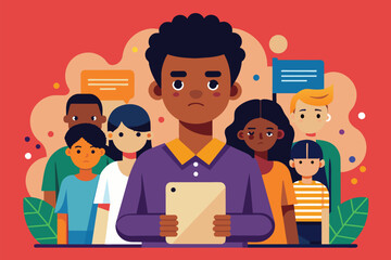 Poster - A man stands holding a tablet while facing a group of people, Racist bullying Customizable Semi Flat Illustration