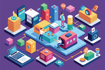 Poster - a man stands on top of a bed next to a laptop, rebranding customizable isometric illustration