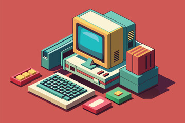 Poster - retro computer with keyboard, monitor, mouse, speakers, and other items on a desk in customizable is