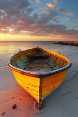 Yellow Boat on Beach at Sunset