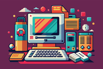 Wall Mural - A retro desktop computer is surrounded by different electronic devices in a customizable semi flat illustration, Retro computer Customizable Semi Flat Illustration