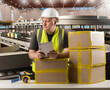 Man warehouse specialist. Packer holding tablet computer. Warehouse contractor near cardboard boxes. Container with parcels behind manager. Man storekeeper thought. Specialist in automated warehouse