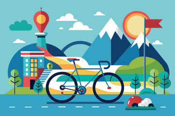 Canvas Print - A bike is parked along a road with a towering mountain in the background, Road cycling Customizable Disproportionate Illustration