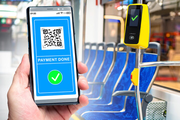 Poster - bus fare payment technologies. qr code for pay in public transport. hand with phone on bus. nfc paym