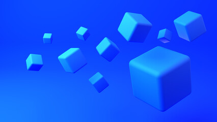 Poster - Geometric background. Backdrop with flying cubes. Blue background. Volumetric cubes float in air. Blue wallpaper. Minimalistic background. Decoration for design. Pattern, texture. 3d image
