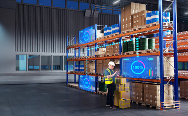 Poster - Warehouse with supervisor. Man in innovative storehouse. Manager keeps records of warehouse workload. Supervisor near multi-tiered racks with boxes. Warehouse contractor inside hangar