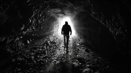 Wall Mural - A man is walking through a dark tunnel