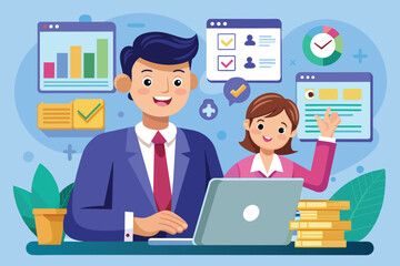 Wall Mural - A man and woman are seated in front of a laptop, engaged in a sales consulting session, Sales consulting Customizable Cartoon Illustration