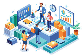 Sticker - A diverse group of people standing together on a table, showcasing unity and teamwork, Sales consulting Customizable Isometric Illustration