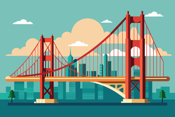 Wall Mural - A vast body of water with a massive bridge crossing over it, showcasing the scale of human engineering, San francisco bridge Customizable Semi Flat Illustration