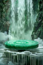 A Circular Podium Crafted From A Single Piece Of Luminous Jade With A Swirling Green Pattern Stands On A Platform Paved With Pearlescent Clouds Gentle Waterfalls Cascade  