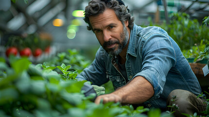 Close-up image of a mature male gardener attentively tending to plants in a lush greenhouse, with a focus on sustainable agriculture