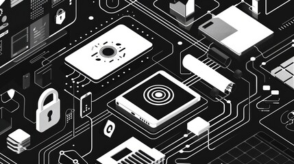 AI-driven security flat design top view cybersecurity theme cartoon drawing black and white