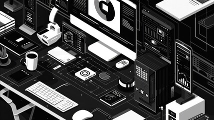 AI-driven security flat design top view cybersecurity theme cartoon drawing black and white