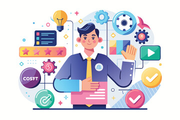 Poster - a man is standing and holding a folder in his hands, soft skills customizable disproportionate illus