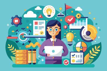 Sticker - A woman stands in front of a laptop surrounded by icons, indicating she is working on a business project, Starting a business project Customizable Flat Illustration