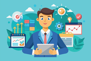 Poster - a man in a formal suit holding a tablet device, strategic consulting customizable cartoon illustrati