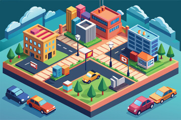 Wall Mural - Illustration of a bustling city street filled with cars, buildings, and people going about their day, Street paid parking Customizable Isometric Illustration
