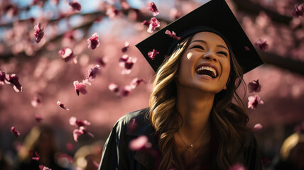 Joyful Graduate Celebrating Under Cherry Blossoms: A Moment Of Triumph, Ai Generated