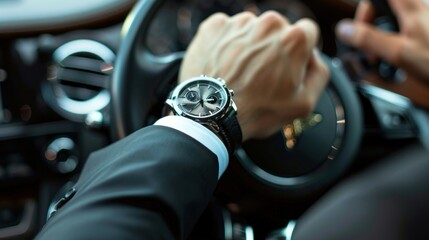 Wall Mural - Close-up top view of a businessman wearing an expensive watch in a black suit keeping hand on the steering wheel while driving a luxury car.