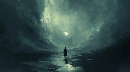 Wall Mural - A person is walking in a dark, stormy night