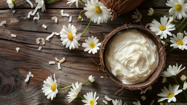 Coconut face mask consisting of coconut milk and yogurt for flawless skin and to moisturize it. Shot of raw coconut cut coconut, milk, and yogurt with some flowers spread on the brown wooden surface.