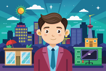 Poster - A man dressed in a suit is standing in front of a city skyline, Tv show Customizable Cartoon Illustration