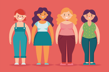 Poster - Diverse group of women standing next to each other, showcasing various body shapes and sizes, Types of female body shapes Customizable Flat Illustration