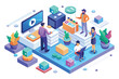 © Iftikhar alam - A team of people gathered around a flat screen TV, engaged in watching a presentation, Ui-ux team Customizable Isometric Illustration