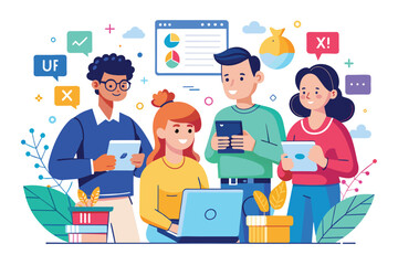 Wall Mural - A diverse group of individuals standing around a laptop, discussing projects and ideas, Ui-ux team Customizable Disproportionate Illustration